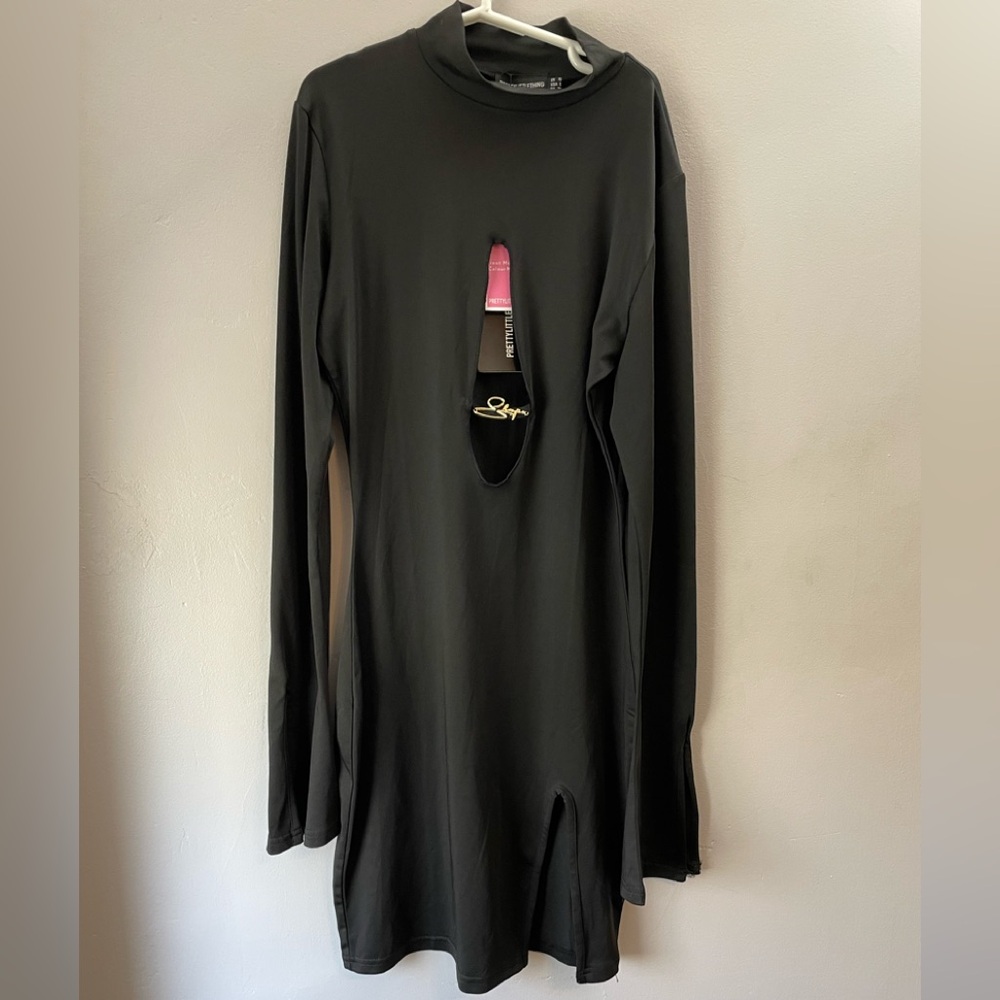 Prettylittlething NWT Shape Black Branded Trim Detail High Neck Dress